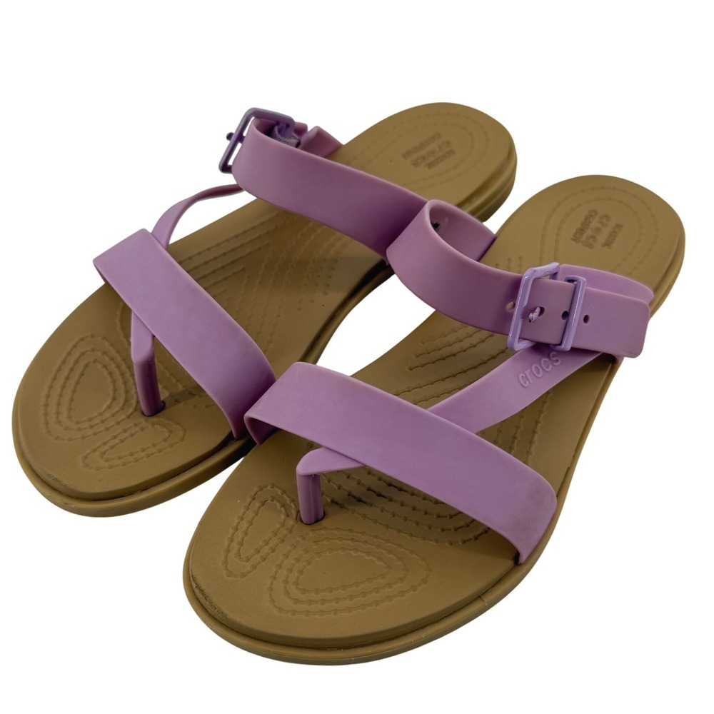 Crocs Tulum Toe Post Sandal Purple Tan Women 6 Slip On Buckle Casual Comfy